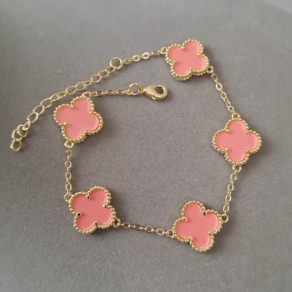 Pink enamel four leafs five Clovers bracelet